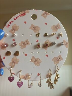 Kids 16-Pair Heart & Teddy Earring Set - Pink & Gold